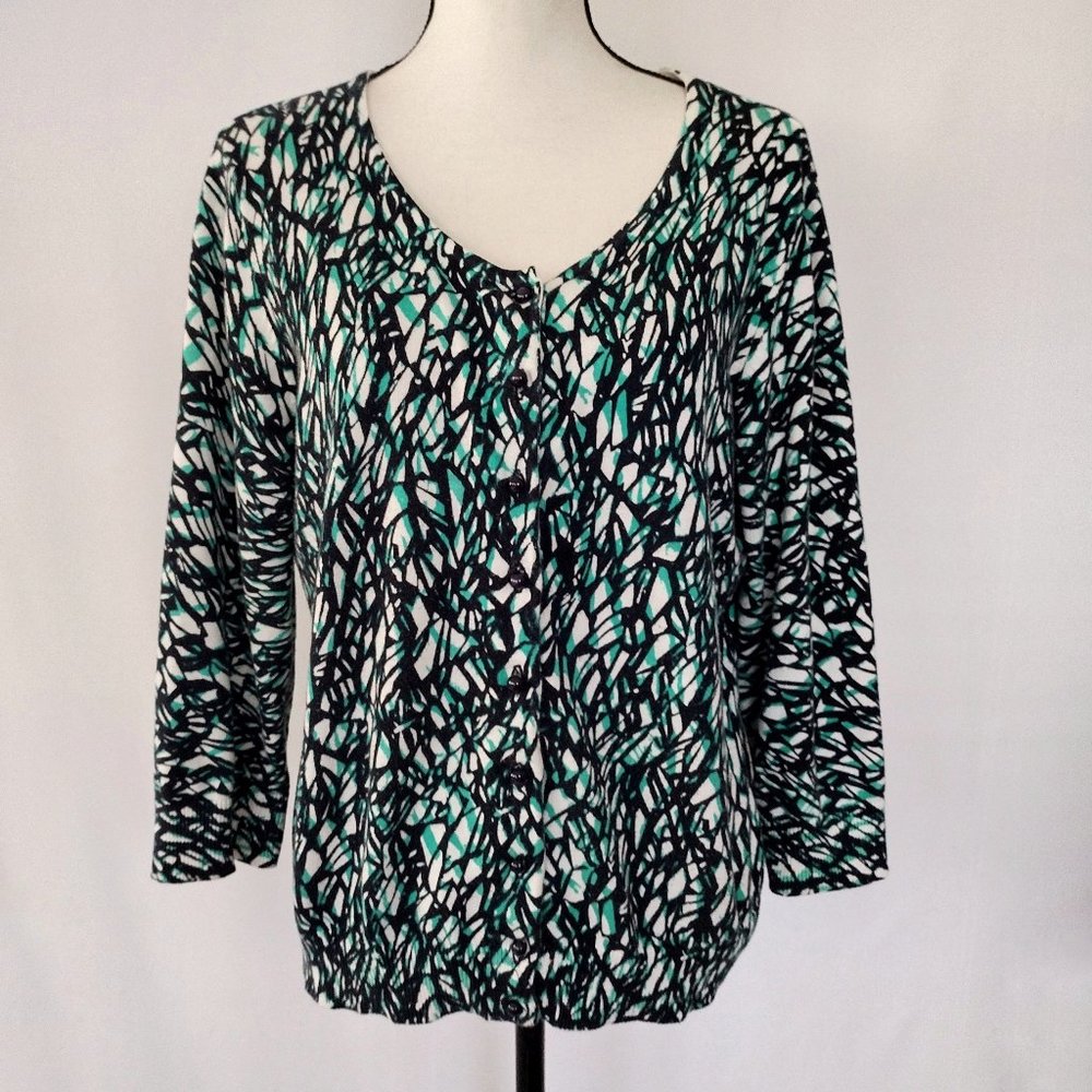 Requirements Green Abstract 3/4 Sleeve Soft Light Cardigan Sweater